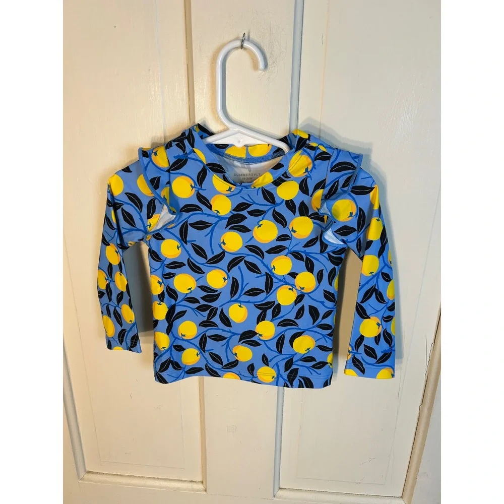 Summersalt‎ Kids Blue Lemon Print Ruffle Long Sleeve Rash Guard Swim Top 18-24M